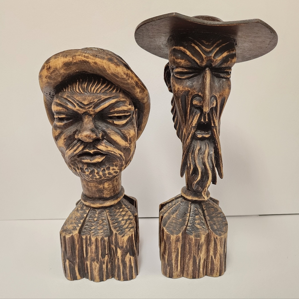 Hand-Carved Wooden Rustic Brown Don Quijote Busts -  Decorative Home Art